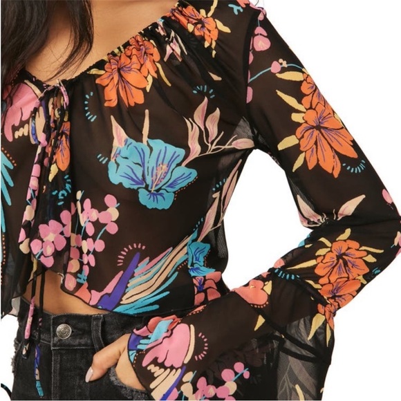 Free People Black/Pink Multicolor Floral Boho Crop Top, Size Medium - Picture 2 of 11